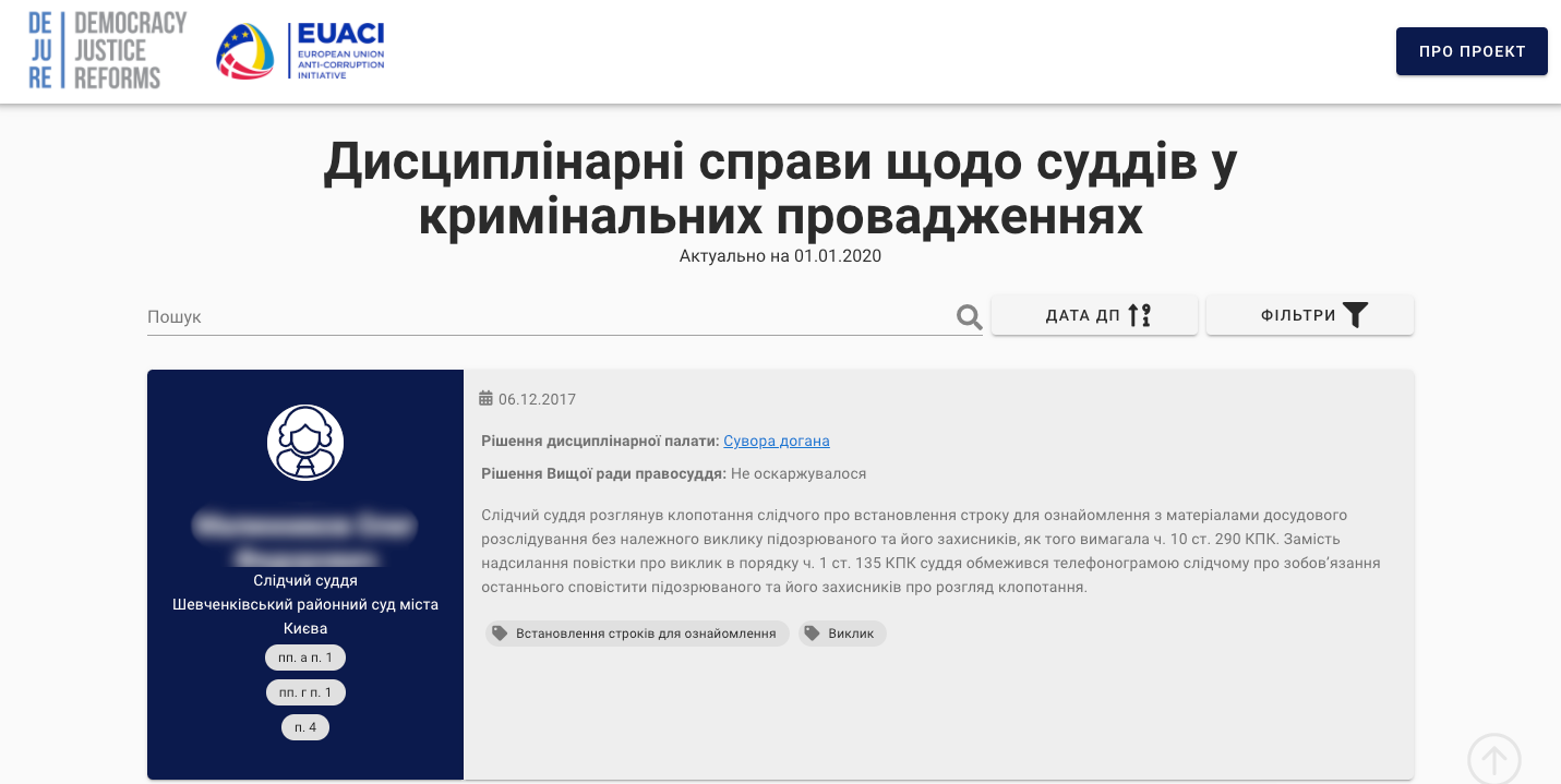 EUACI підтримала створення інтерактивної бази даних «Дисциплінарні справи щодо суддів у кримінальних провадженнях»